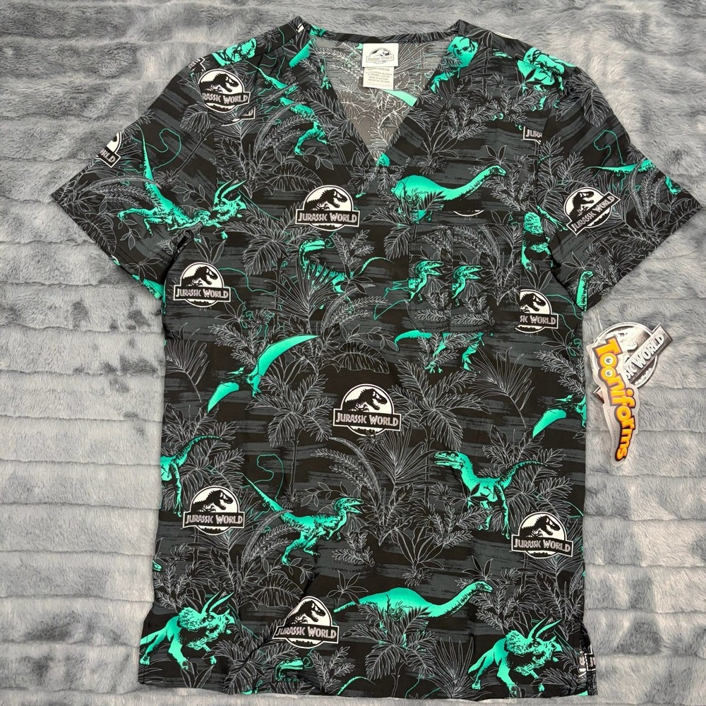 Jurassic World Tooniforms Scrub Top Mens Womens Teal Black Dinosaur Print V-Neck